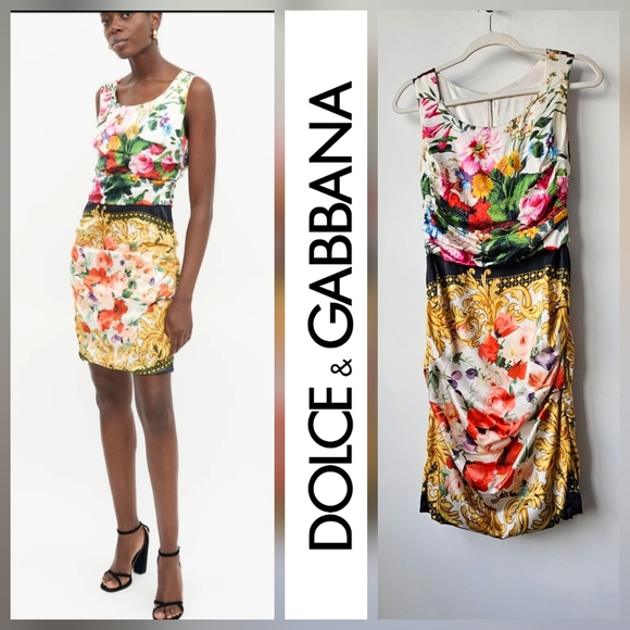 Dolce & Gabbana Dresses & Skirts - Dolce & Gabbana Silk Floral Bouquet Iconic Sleeveless Rouched Dress